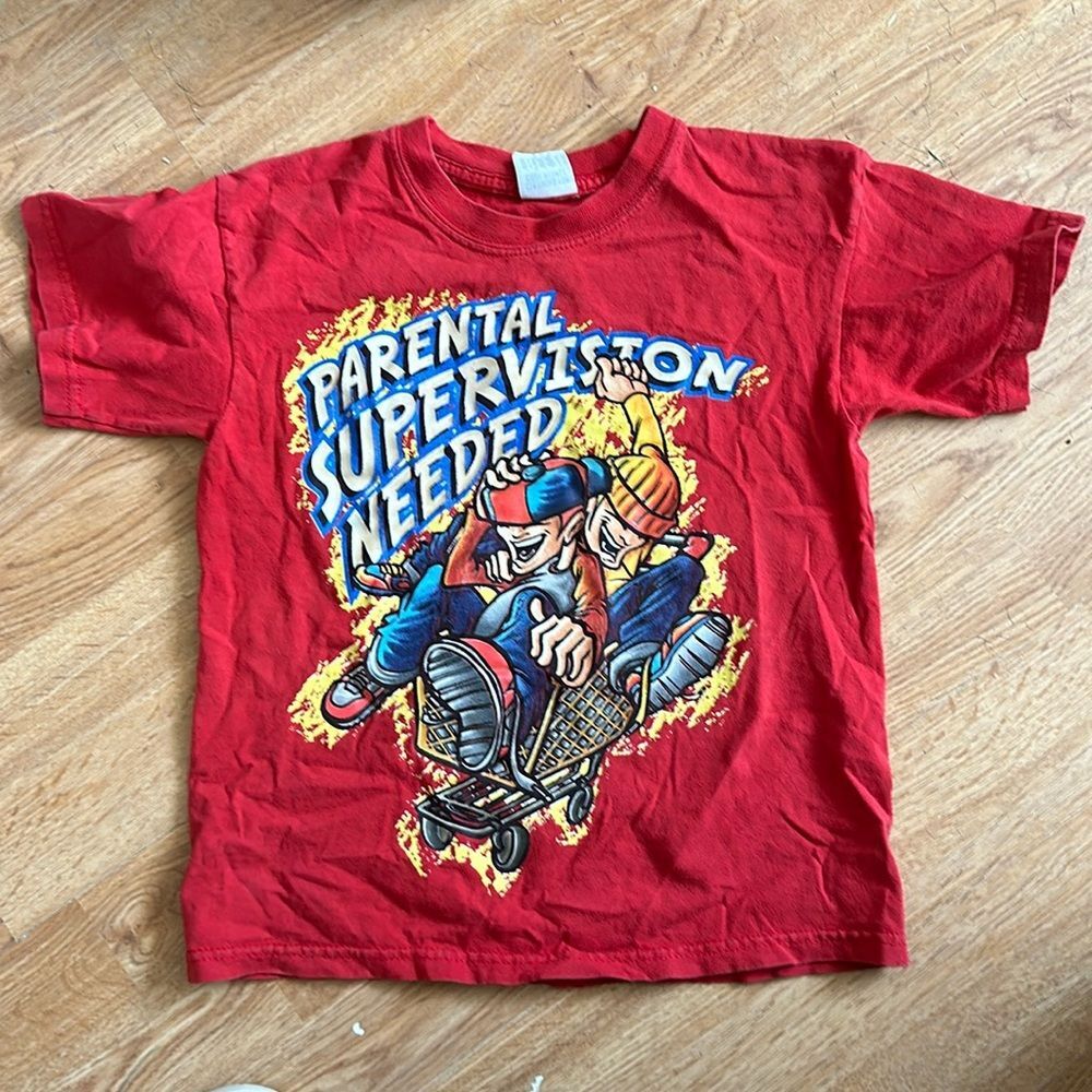 Parental Supervision Needed Boys Red T-Shirt Funny Graphic Tee Kids Youth Top